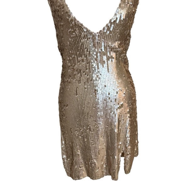 AUDREY 3+1 Champagne Gold Sequin Mini Dress Party NYE Size M Dance Deep V Neck - Picture 4 of 9